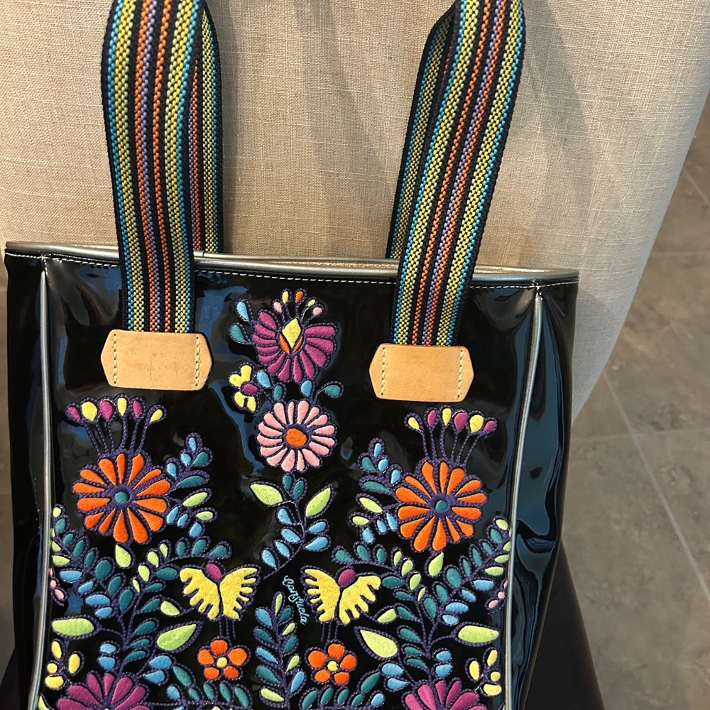 Consuela Black Tote with Colorful Floral Embroidery